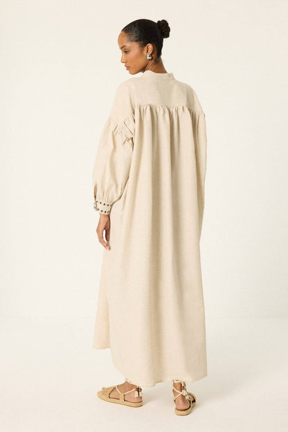 Embroidered Linen Blend Balloon Sleeve Maxi Dress: