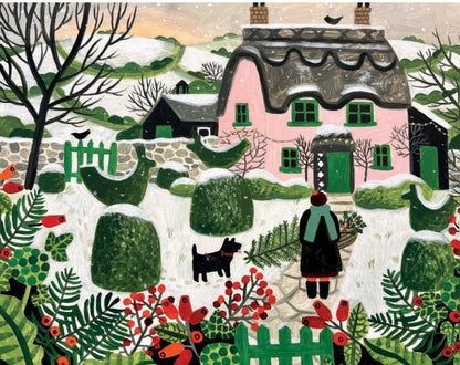 Christmas Card Pack - Pink Cottage And Snowy Topiary