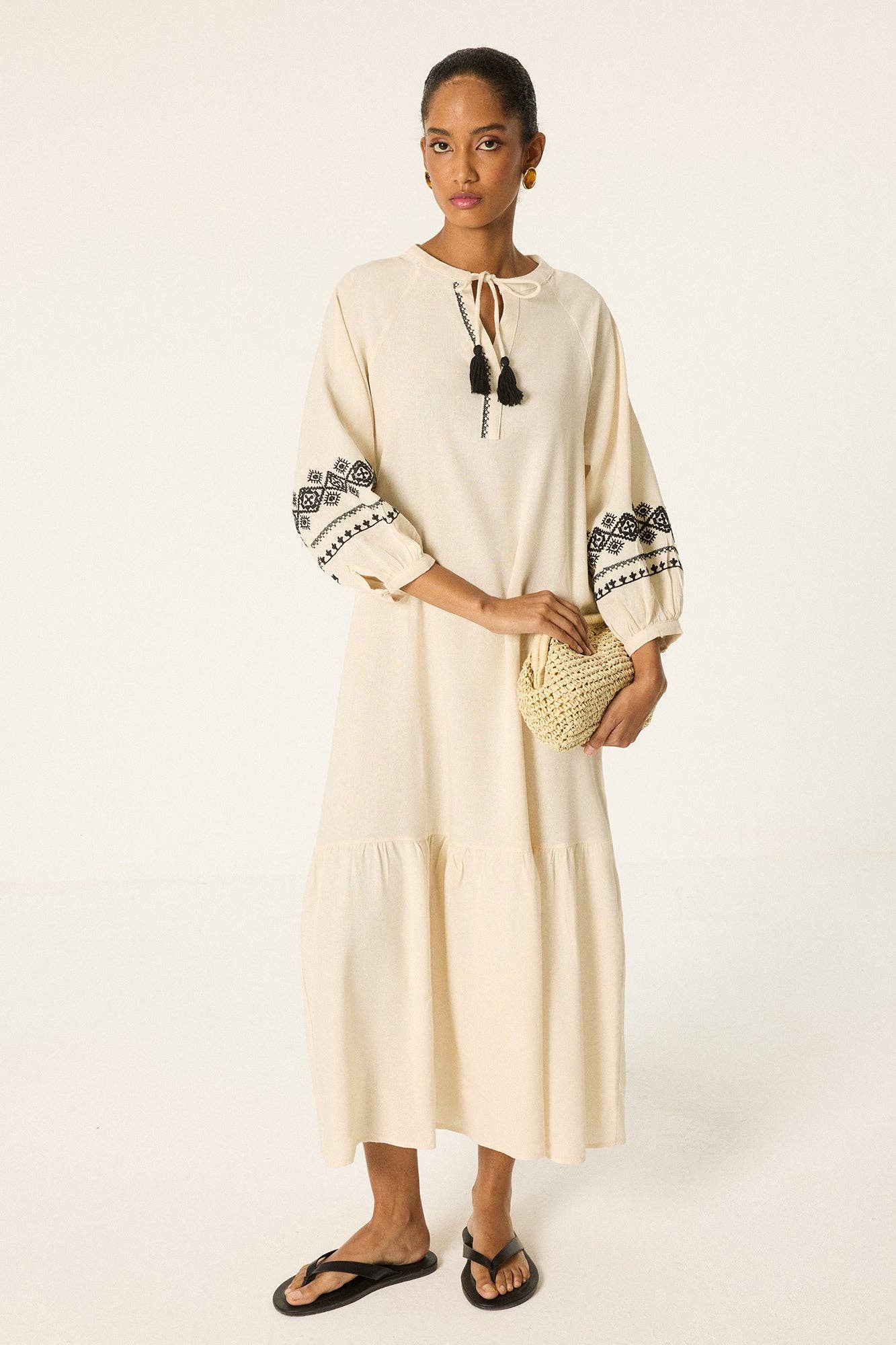 Bohemian Embroidered Tassel Maxi Dress – Relaxed Fit.