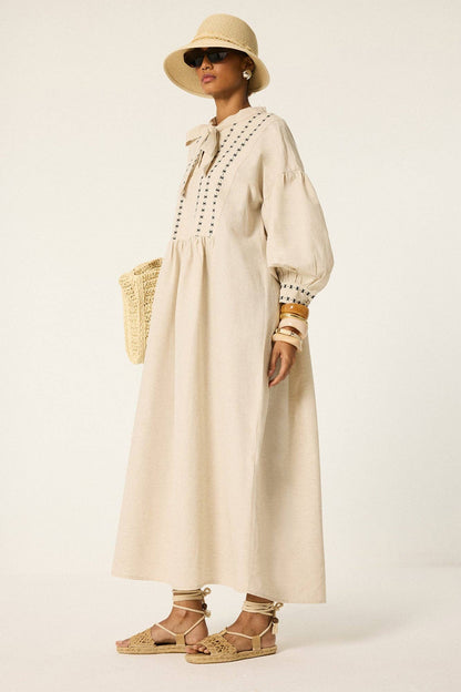 Embroidered Linen Blend Balloon Sleeve Maxi Dress: