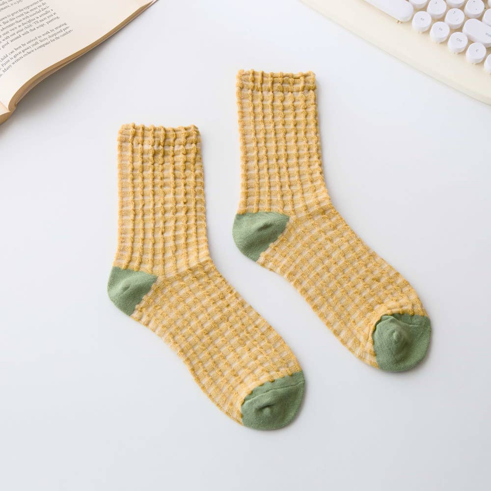 Women’s Cotton Waffle Crew Socks – Soft Bubble Texture: Yellow