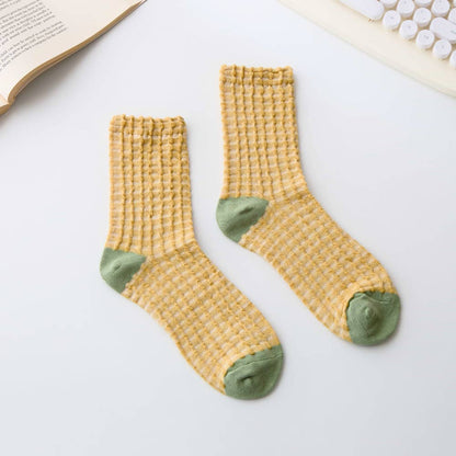 Women’s Cotton Waffle Crew Socks – Soft Bubble Texture: Yellow