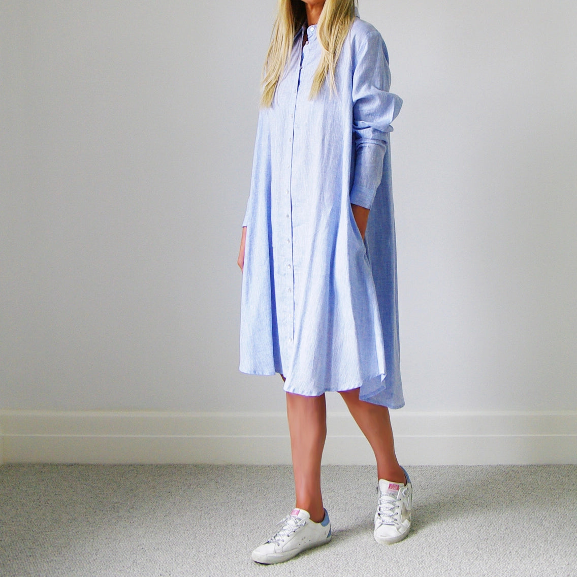 Linen Shirt Dress Chambray Blue