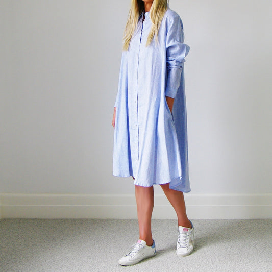 Linen Shirt Dress Chambray Blue