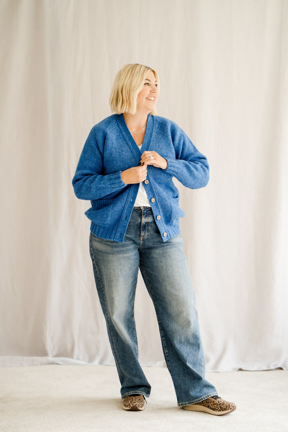 Laura Cardigan Mid Blue - Scottish Wool Cardigan – Pod & Pip