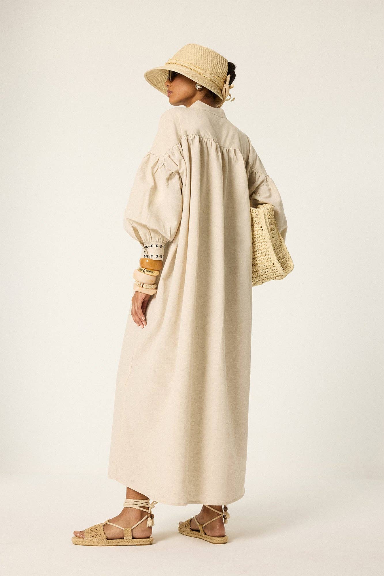 Embroidered Linen Blend Balloon Sleeve Maxi Dress: