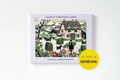 Christmas Card Pack - Pink Cottage And Snowy Topiary