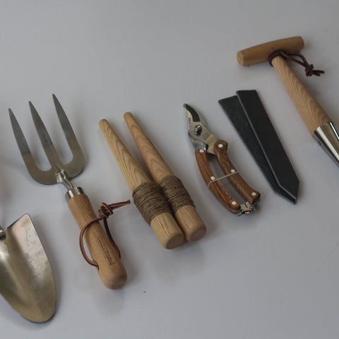 classic garden tools made with wooden ash handles and stainless steel.
